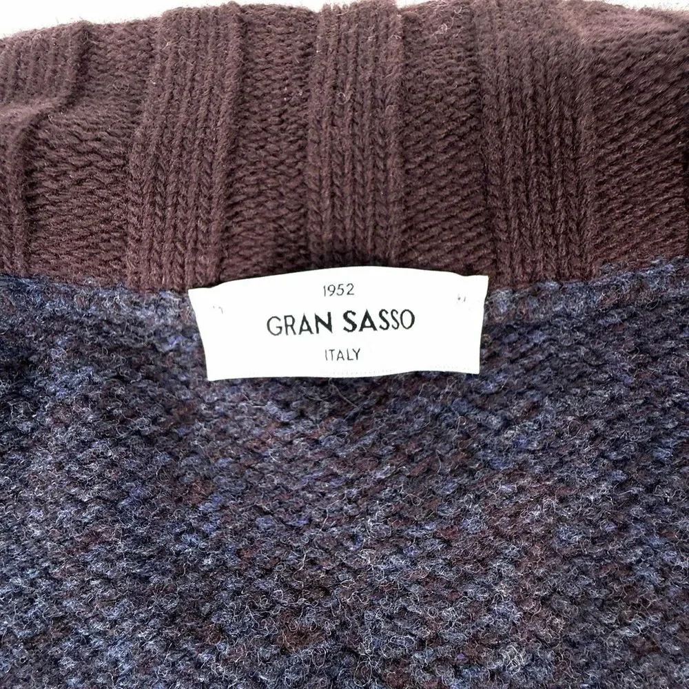 Gran Sasso Mens 54/L Virgin Wool Full Button Front Sweater Navy Burgundy Italy